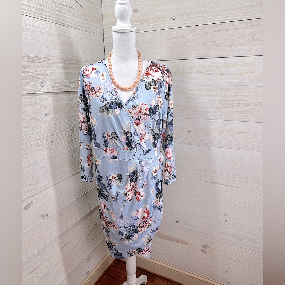 YOINS Gorgeous Floral Print Faux Wrap Dress 16 FREE SHIP - Picture 1 of 5